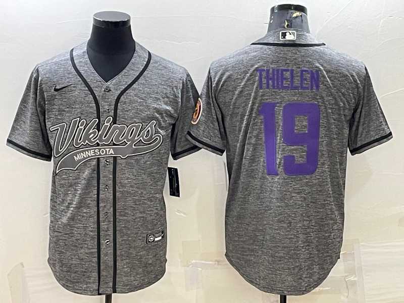 Mens Minnesota Vikings #19 Adam Thielen Grey Gridiron With Patch Cool Base Stitched Baseball Jersey